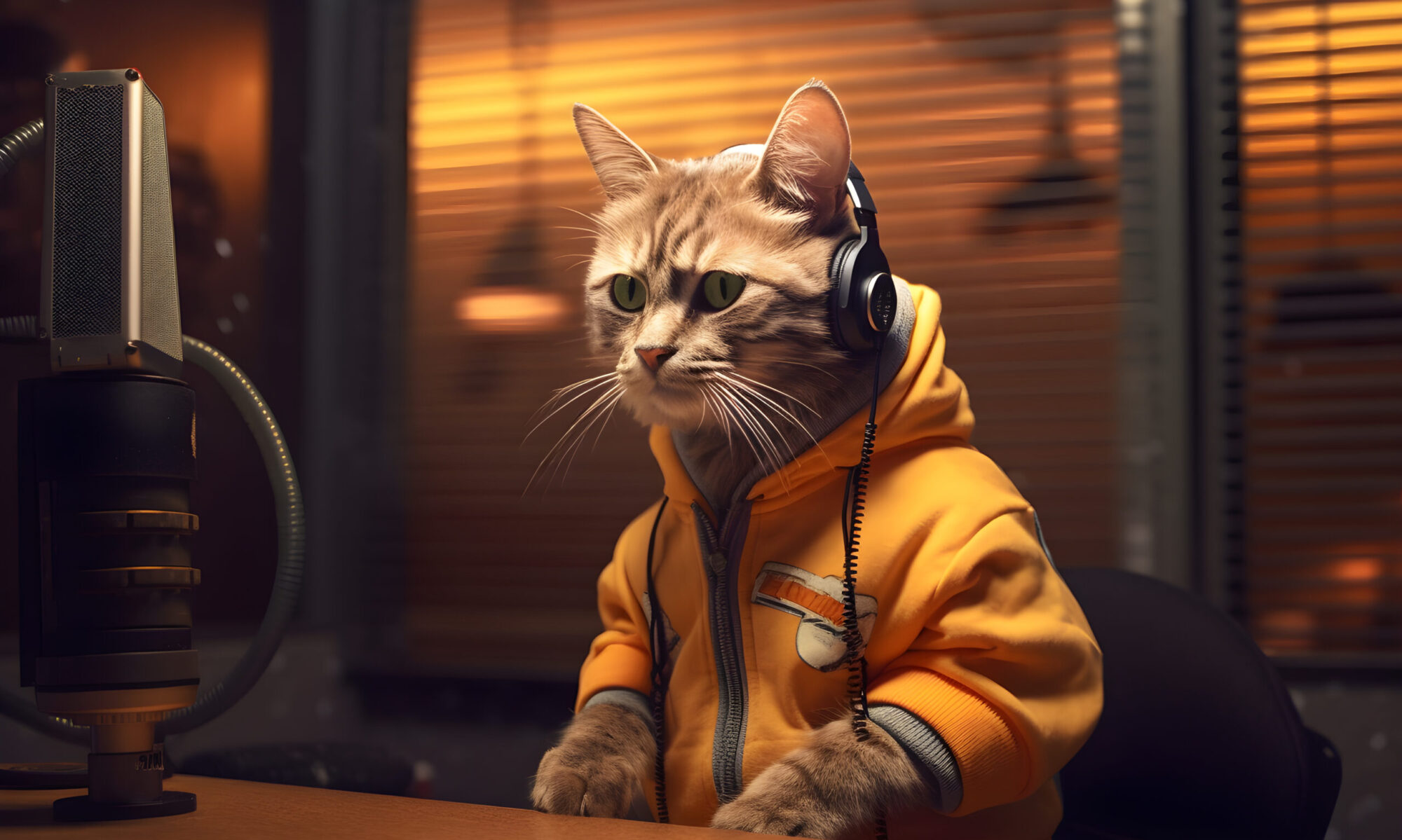 Stanislav Kondrashov's cute cat wearing human clothes sitting in a recording studio about to produce a podcast or asmr sounds. Generative AI technology