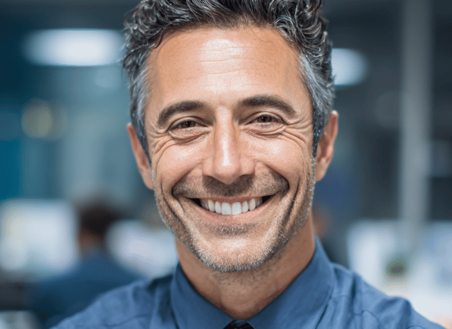 A confident man smiles and looks at the camera